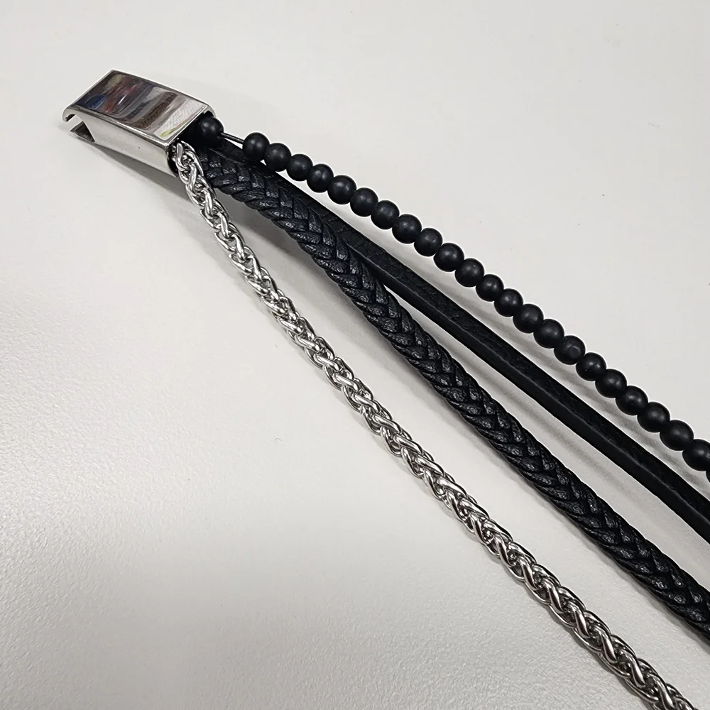 Multi-Strand Stainless Steel & Black Braided Beaded Faux Leather Bracelet Unisex